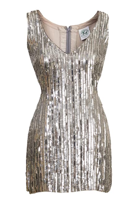 Karn Malhotra Silver Sequin Cutout Dress 