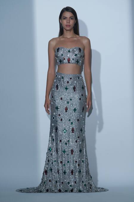 Karn Malhotra Silver Viscose, Georgette, Polyester Embellished Bustier And Mermaid Skirt Set Online at Aza Fashions Karn Malhotra_Silver Viscose, Georgette, Polyester Embellished Bustier And Mermaid Skirt Set _Online_at_Aza_Fashions