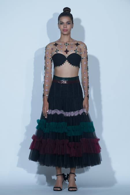 Karn Malhotra Crystal Embellished Crop Top & Skirt Set 