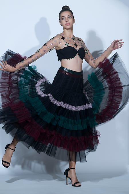 Karn Malhotra Black Tulle, Crepe, Polyester Crystals, Pearls, Embellished Crop Top And Skirt Set Online at Aza Fashions Karn Malhotra_Black Tulle, Crepe, Polyester Crystals, Pearls, Embellished Crop Top And Skirt Set _Online_at_Aza_Fashions