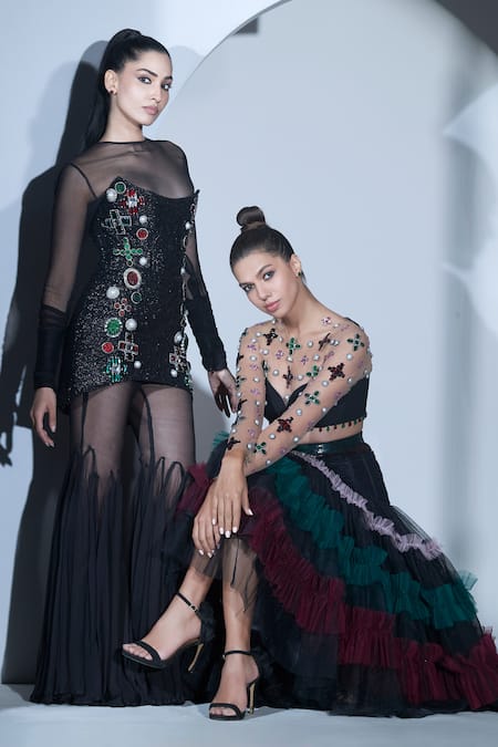 Buy Karn Malhotra Black Tulle, Crepe, Polyester Crystals, Pearls, Embellished Crop Top And Skirt Set Online at Aza Fashions Buy_Karn Malhotra_Black Tulle, Crepe, Polyester Crystals, Pearls, Embellished Crop Top And Skirt Set _Online_at_Aza_Fashions