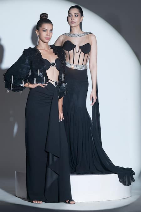 Karn Malhotra Black Embellished Corset Top Skirt Set 