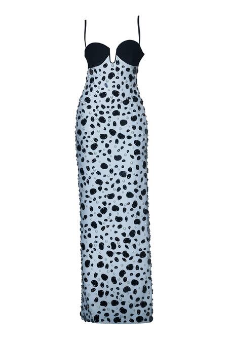 Karn Malhotra_Black Polyester, Silk Crystals, Beads Sweetheart Embellished Leopard Spots Gown _Online_at_Aza_Fashions