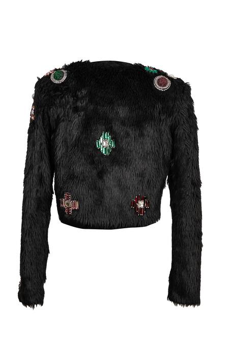 Karn Malhotra_Black Faux Leather, Polyester Crystals Open Neck Fur Embellished Jacket _Online_at_Aza_Fashions