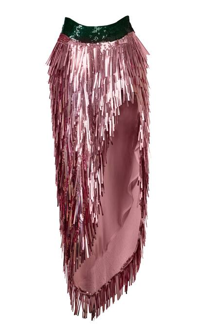 Shop Karn Malhotra Pink Viscose Sequins, Feathers Fringe Embroidered Skirt at Aza Fashions Shop_Karn Malhotra_Pink Viscose Sequins, Feathers Fringe Embroidered Skirt_at_Aza_Fashions