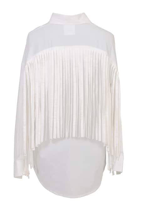 Shop_Karn Malhotra_White Cotton Button-down Neck Fringe Tassel Shirt _at_Aza_Fashions