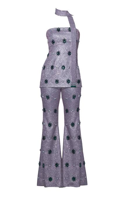 Karn Malhotra_Pink Lycra, Polyester Crystals, Embellished Tube Top And Bell Bottom Pant Set _Online_at_Aza_Fashions