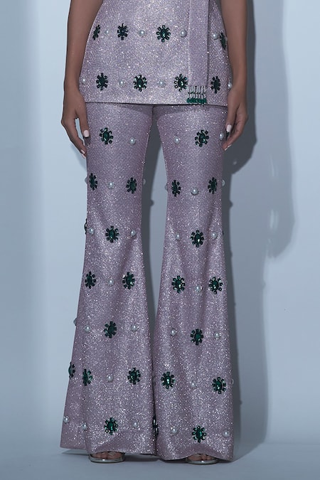 Buy_Karn Malhotra_Pink Lycra, Polyester Crystals, Embellished Tube Top And Bell Bottom Pant Set _Online_at_Aza_Fashions