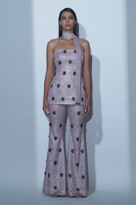 Karn Malhotra Crystal Embellished Tube Top & Bell Bottom Pant Set 