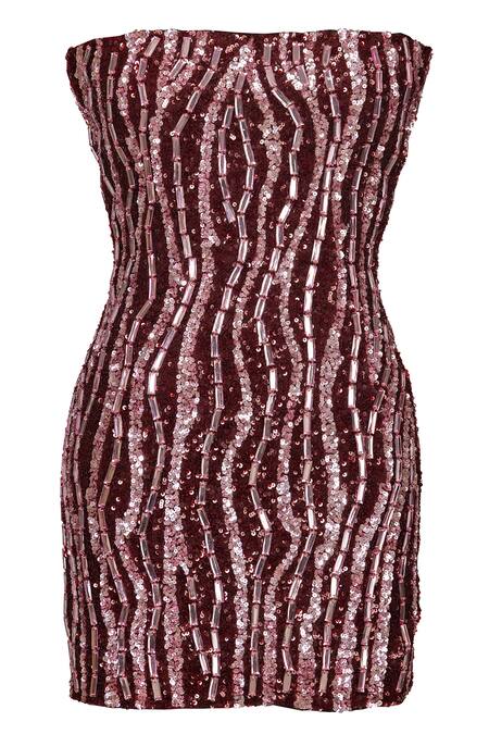 Karn Malhotra_Burgundy Polyester, Satin Sequins, Crystals Open Neck Dress _Online_at_Aza_Fashions