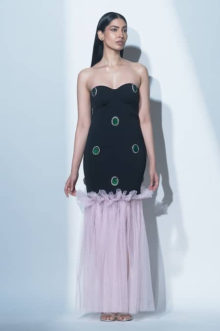 Karn Malhotra Black & Pink Embroidered Gown 