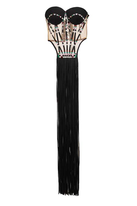 Karn Malhotra_Black Polyester Crystals Fringed Corset Top With Resin Embellishments _Online_at_Aza_Fashions
