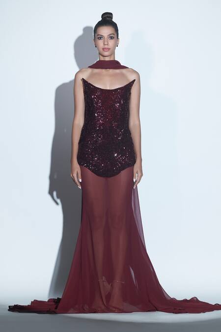 Shop Karn Malhotra Burgundy Polyester Sequins Off-shoulder Corset Overlay Gown at Aza Fashions Shop_Karn Malhotra_Burgundy Polyester Sequins Off-shoulder Corset Overlay Gown_at_Aza_Fashions