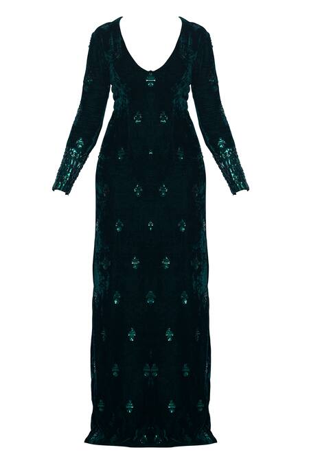 Karn Malhotra_Green Silk Embroidery V-neck Long Sleeve Gown _Online_at_Aza_Fashions