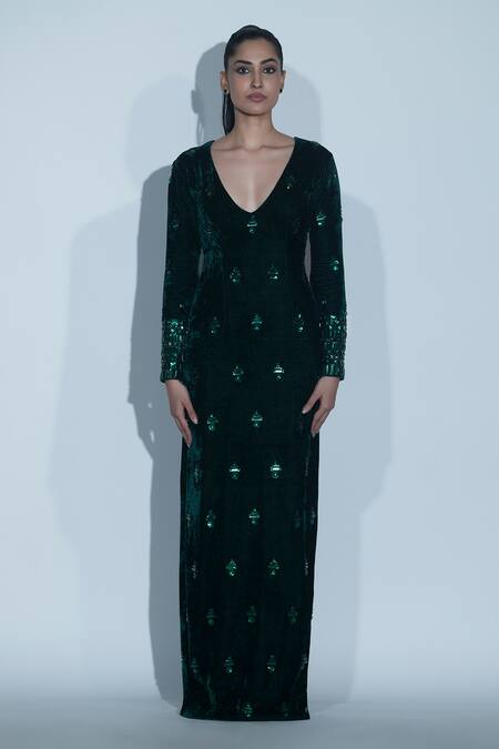 Buy_Karn Malhotra_Green Silk Embroidery V-neck Long Sleeve Gown _Online_at_Aza_Fashions