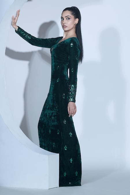Karn Malhotra Green Embroidered Long Sleeve Gown 