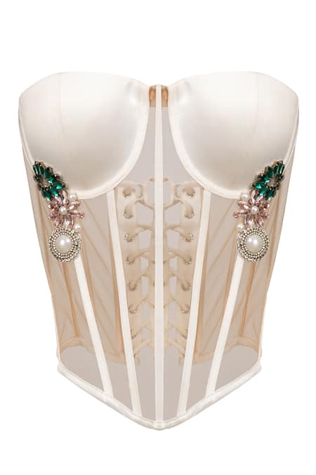 Shop_KARN MALHOTRA_White Denim, Polyester Crystals, Pearls Off-shoulder, Embroidered Corset Top _at_Aza_Fashions