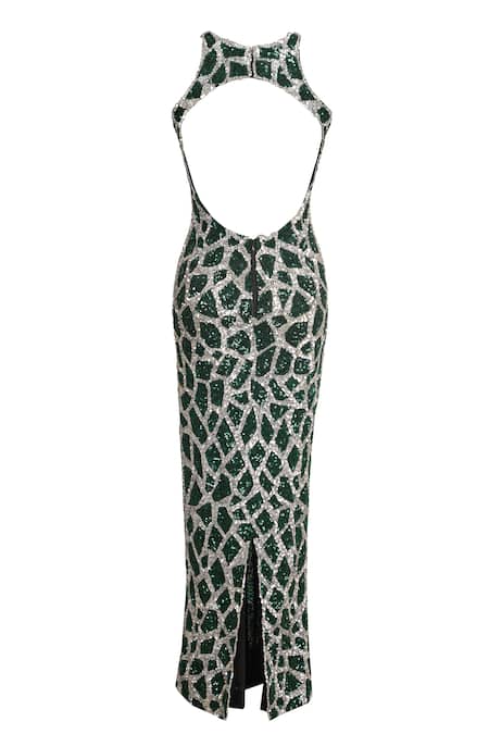 Shop_Karn Malhotra_Green Satin, Lycra, Polyester Sequins Halter Neck Giraffe Skin Embellished Gown _Online_at_Aza_Fashions