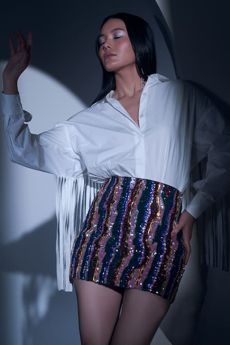 Karn Malhotra Multi Color Tiger Stripe Sequin Mini Skirt 