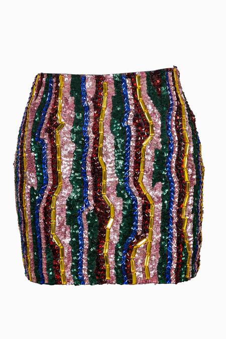 Karn Malhotra_Multi Color Satin, Lycra Sequins Tiger Stripe Mini Skirt _Online_at_Aza_Fashions