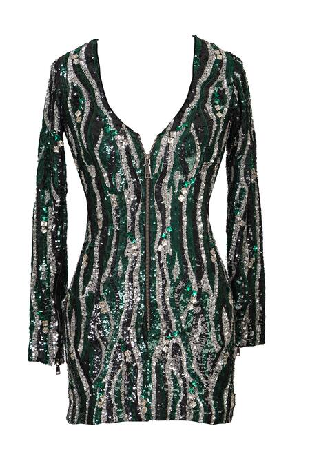 Karn Malhotra_Black Satin, Polyester, Lycra Sequins Green Bodycon Mini Dress _Online_at_Aza_Fashions