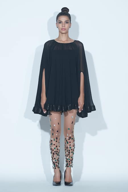 Karn Malhotra Black Sequin Trim Cape & Leggings Set 