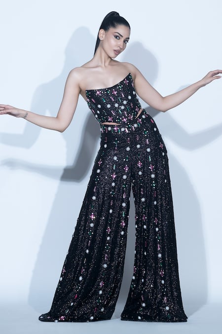 Karn Malhotra Black Crystal & Pearl Embellished Corset Set 