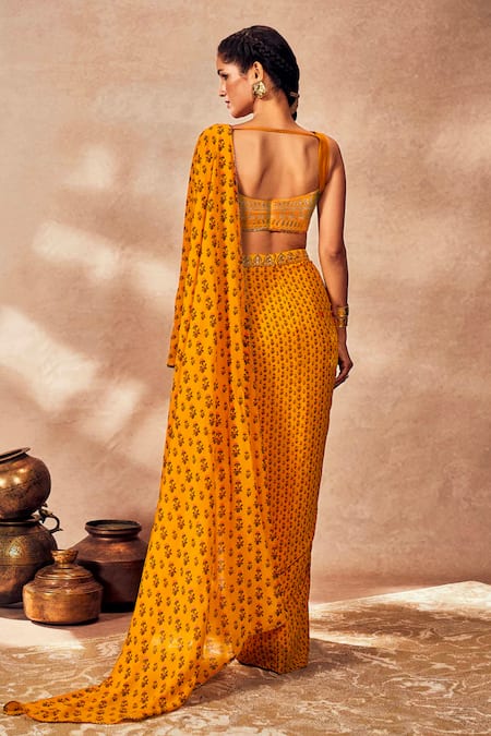 Shop Masaba Yellow Silk, Georgette Pixie Dust Print Pre-stitched Saree With Blouse at Aza Fashions Shop_Masaba_Yellow Silk, Georgette Pixie Dust Print Pre-stitched Saree With Blouse_at_Aza_Fashions