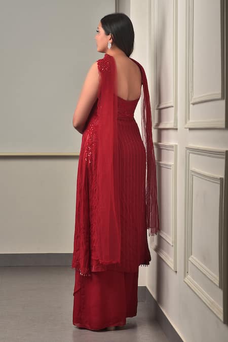 Sunita Bhandari Red Sequin Embroidered Kurta Pant Set 