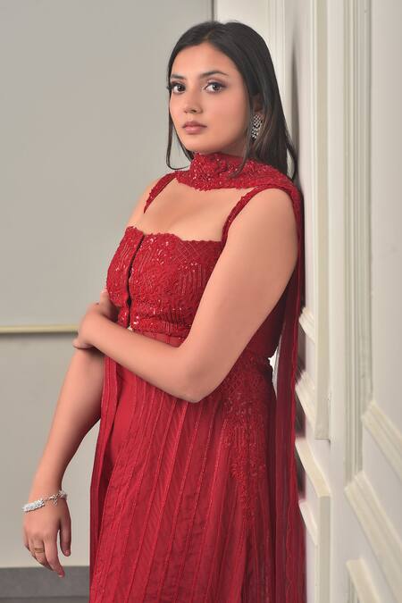 Sunita Bhandari_Red Tulle, Viscose Sequins, Cut Work, Beads Square Embroidered Kurta Pant Set _Online_at_Aza_Fashions