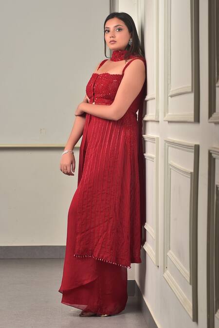 Buy_Sunita Bhandari_Red Tulle, Viscose Sequins, Cut Work, Beads Square Embroidered Kurta Pant Set _Online_at_Aza_Fashions