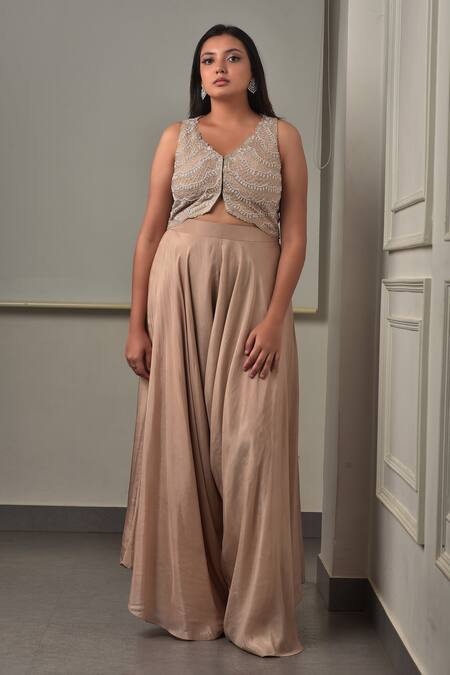 Buy_Sunita Bhandari_Pink Viscose Beads, Embroidery V-neck Cape And Flared Pant Set _Online_at_Aza_Fashions