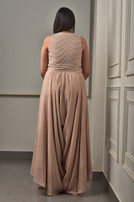 Shop_Sunita Bhandari_Pink Viscose Beads, Embroidery V-neck Cape And Flared Pant Set _Online_at_Aza_Fashions