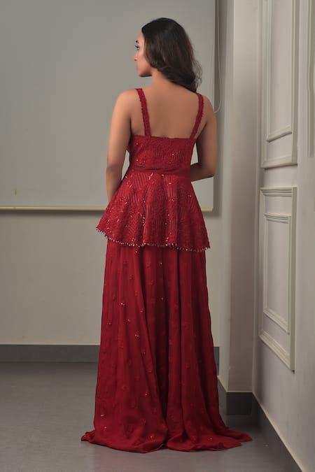 Sunita Bhandari Red Embroidered Peplum Kurta & Sharara Set 