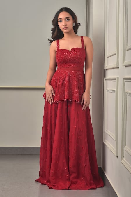 Buy_Sunita Bhandari_Red Tulle, Viscose Cut Work, Sequins, Embroidery Peplum Kurta And Sharara Set _Online_at_Aza_Fashions