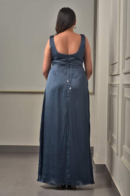 Sunita Bhandari Blue Draped Dress with Embroidered Yoke 