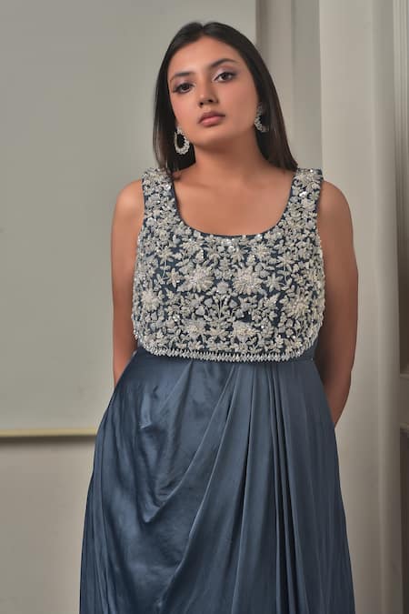 Buy_Sunita Bhandari_Blue Viscose, Crepe Crystals Round Neck Draped Dress With Embroidered Yoke _Online_at_Aza_Fashions
