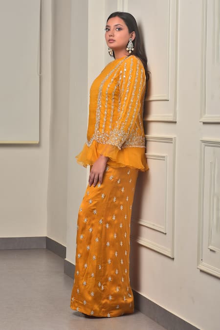 Sunita Bhandari_Yellow Organza, Viscose Crystals, Cut Work, Gold Ruffle Kurta And Pant Set _Online_at_Aza_Fashions