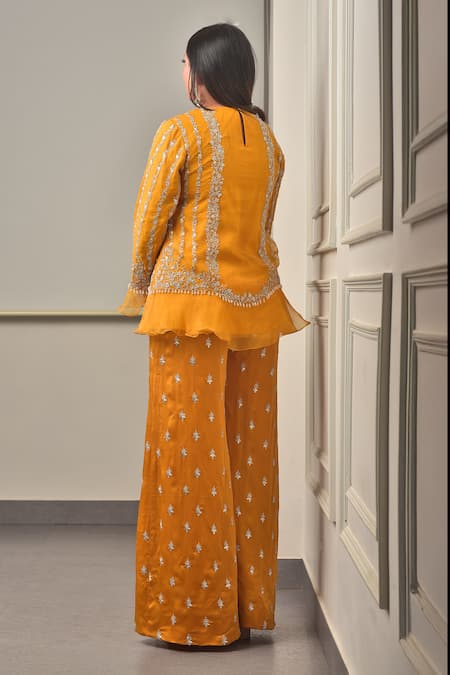 Sunita Bhandari Gold Embroidered Ruffle Kurta & Pant Set 