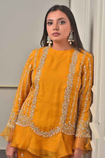 Buy_Sunita Bhandari_Yellow Organza, Viscose Crystals, Cut Work, Gold Ruffle Kurta And Pant Set _Online_at_Aza_Fashions