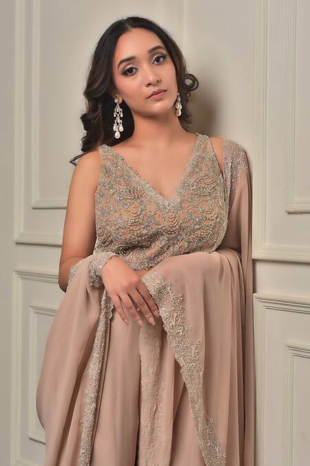 Sunita Bhandari_Pink Viscose, Georgette Sequins, Beads, Floral Embroidered Blouse Sharara Set _Online_at_Aza_Fashions