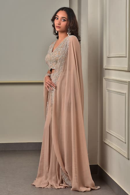 Buy_Sunita Bhandari_Pink Viscose, Georgette Sequins, Beads, Floral Embroidered Blouse Sharara Set _Online_at_Aza_Fashions