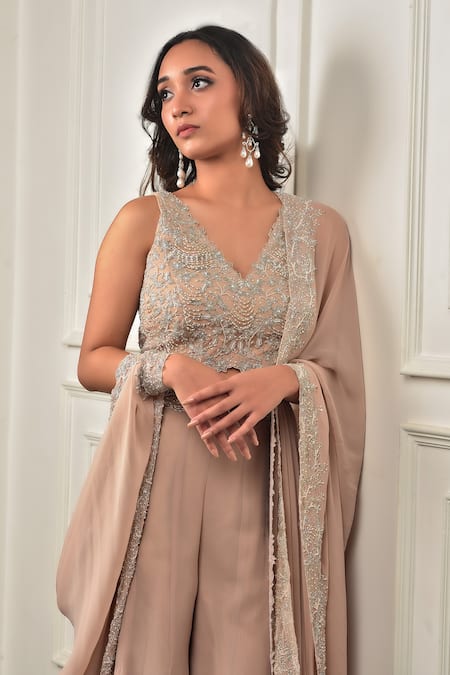 Sunita Bhandari_Pink Viscose, Georgette Sequins, Beads, Floral Embroidered Blouse Sharara Set _at_Aza_Fashions