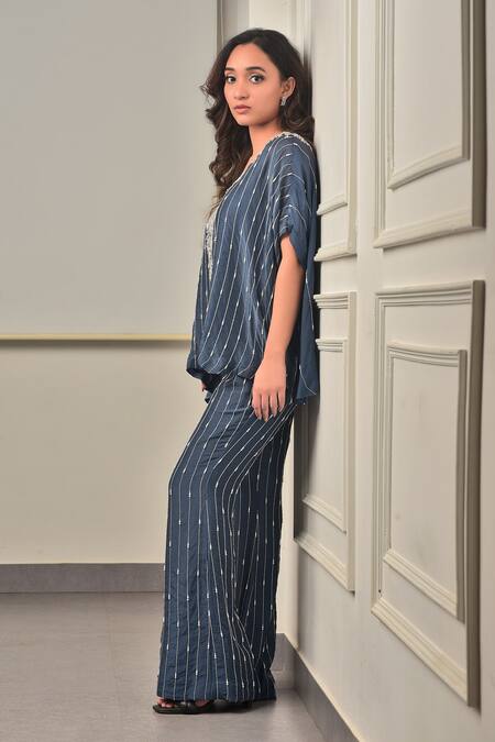 Sunita Bhandari_Blue Viscose Sequins, Beads, Zari V-neck Stripe Embroidered Kaftan And Pant Set _Online_at_Aza_Fashions