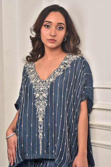 Shop_Sunita Bhandari_Blue Viscose Sequins, Beads, Zari V-neck Stripe Embroidered Kaftan And Pant Set _Online_at_Aza_Fashions