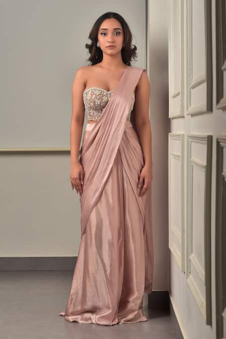 Sunita Bhandari_Pink Tulle, Viscose Sequins, Zari, Baby Pre-draped Saree And Embroidered Corset _Online_at_Aza_Fashions