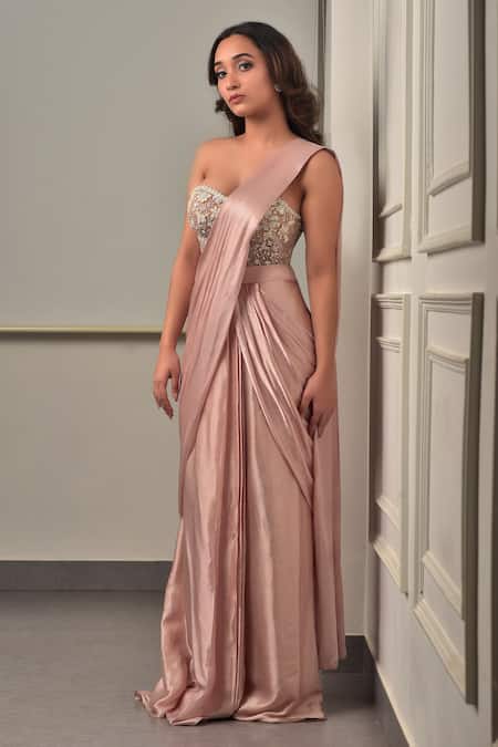 Buy_Sunita Bhandari_Pink Tulle, Viscose Sequins, Zari, Baby Pre-draped Saree And Embroidered Corset _Online_at_Aza_Fashions