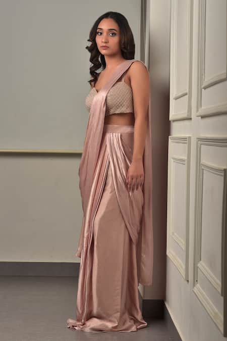 Buy_Sunita Bhandari_Pink Organza, Viscose, Satin Sequins, Baby Pre-draped Saree And Blouse _Online_at_Aza_Fashions