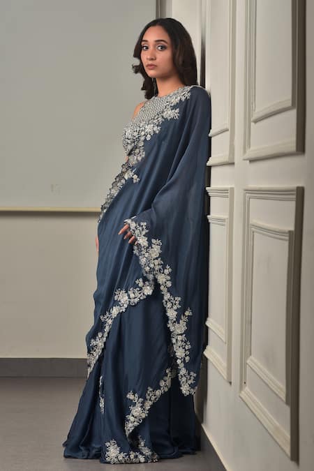 Sunita Bhandari_Blue Viscose, Organza Sequins, Beads, Zari, Embroidery Pre-draped Saree Set _Online_at_Aza_Fashions