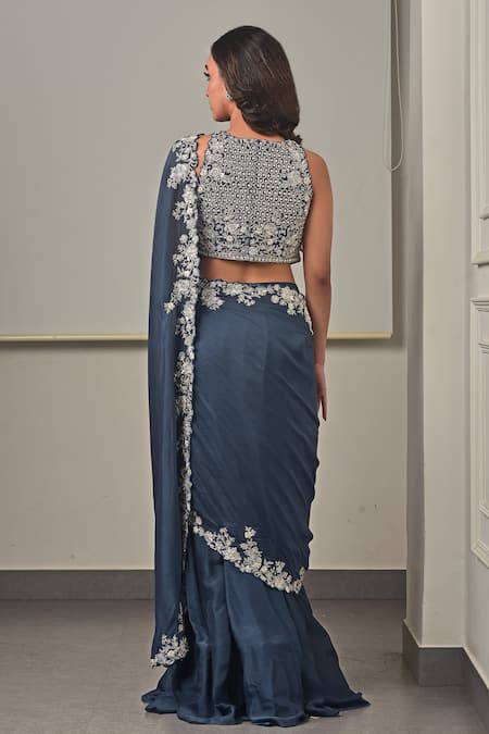 Sunita Bhandari Blue Embroidered Pre-Draped Saree Set 